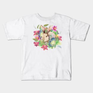 Watercolor cuteeaster rabbyt and egg an flowers Kids T-Shirt